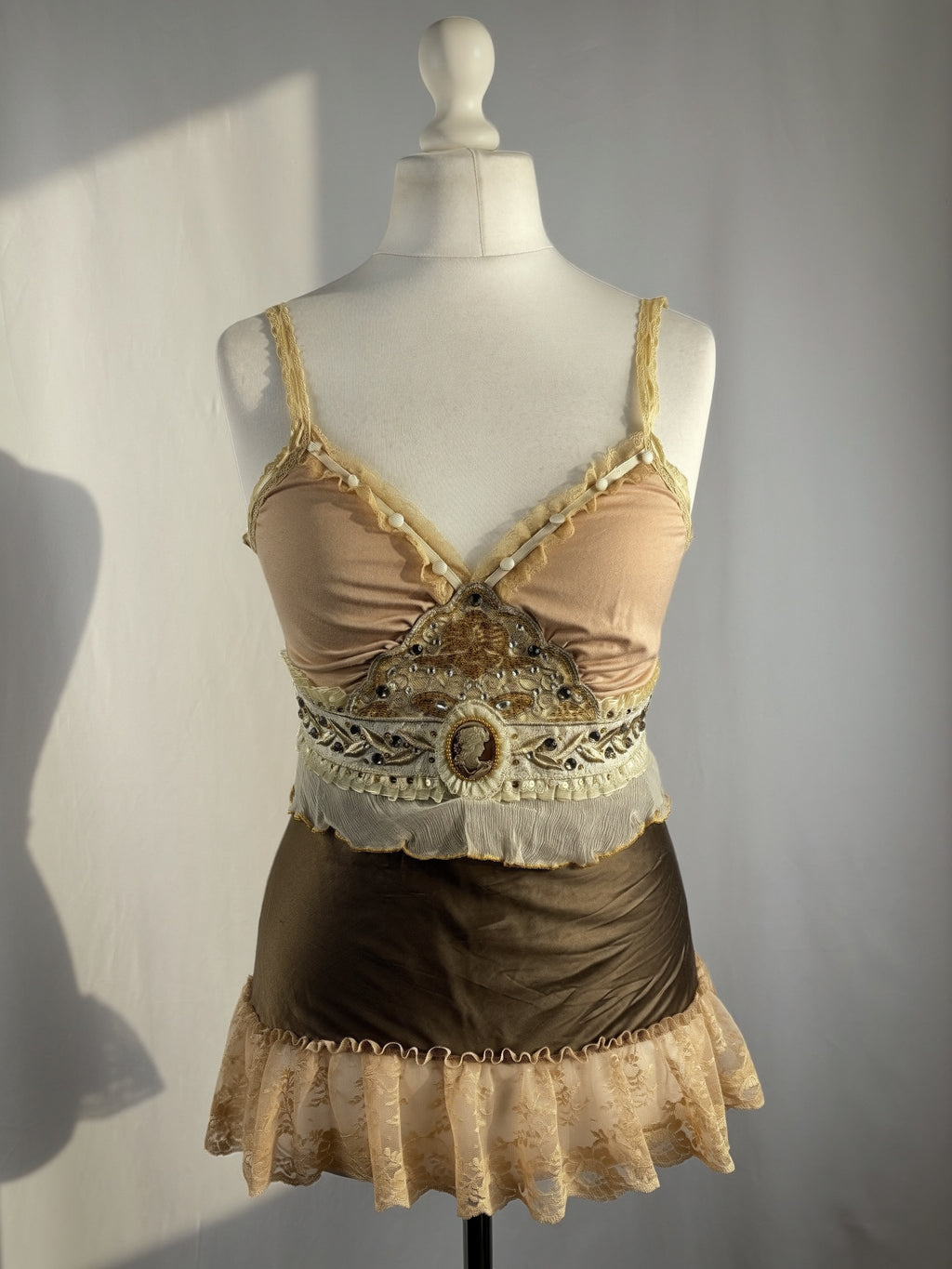 Brown Bony rare silk Victorian style cami with embroidered details