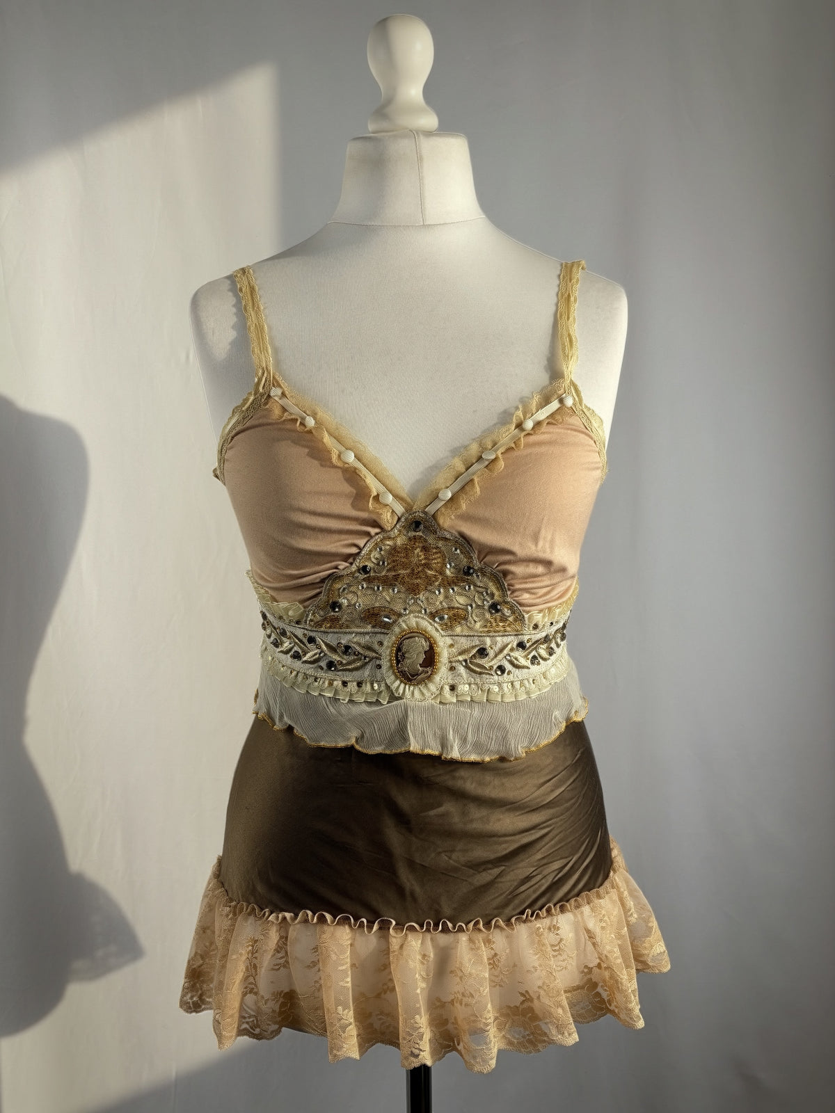 Brown Bony rare silk Victorian style cami with embroidered details