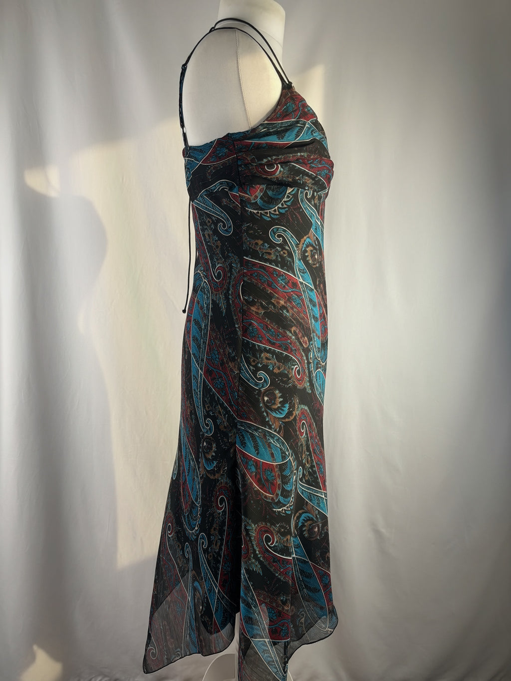 Paisley asymmetric maxi dress with beaded halterneck detail