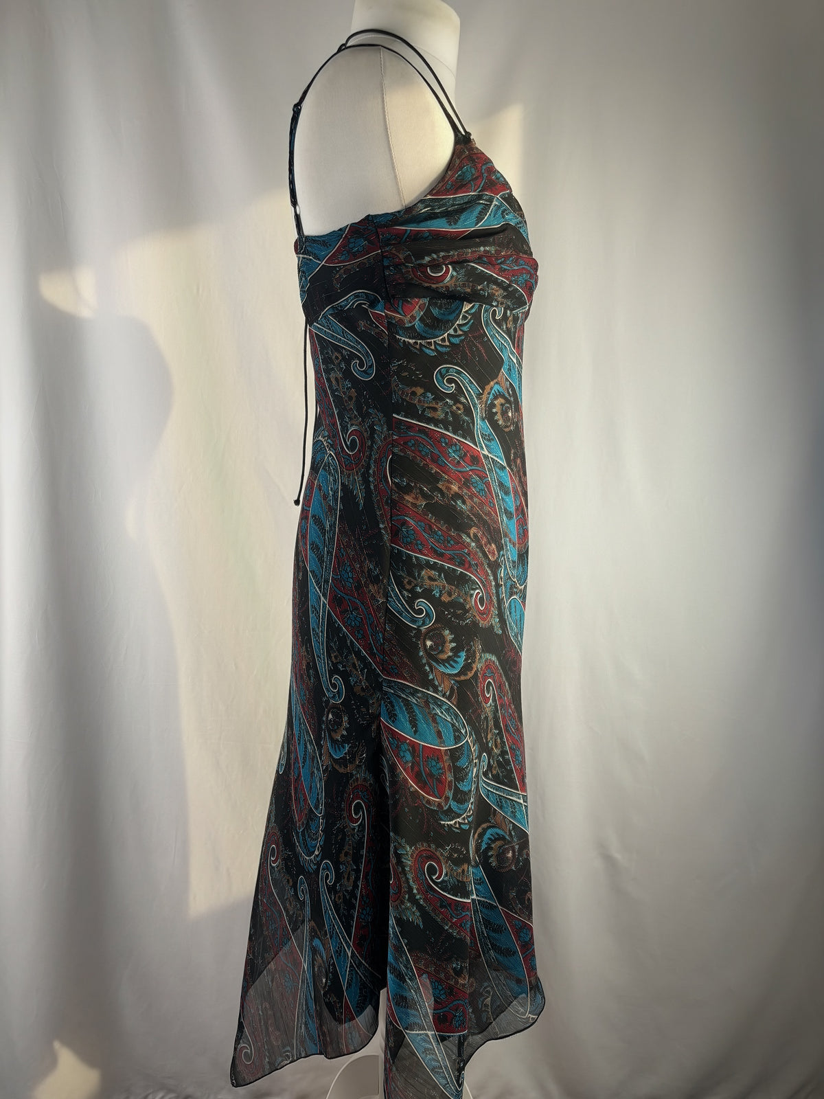 Paisley asymmetric maxi dress with beaded halterneck detail