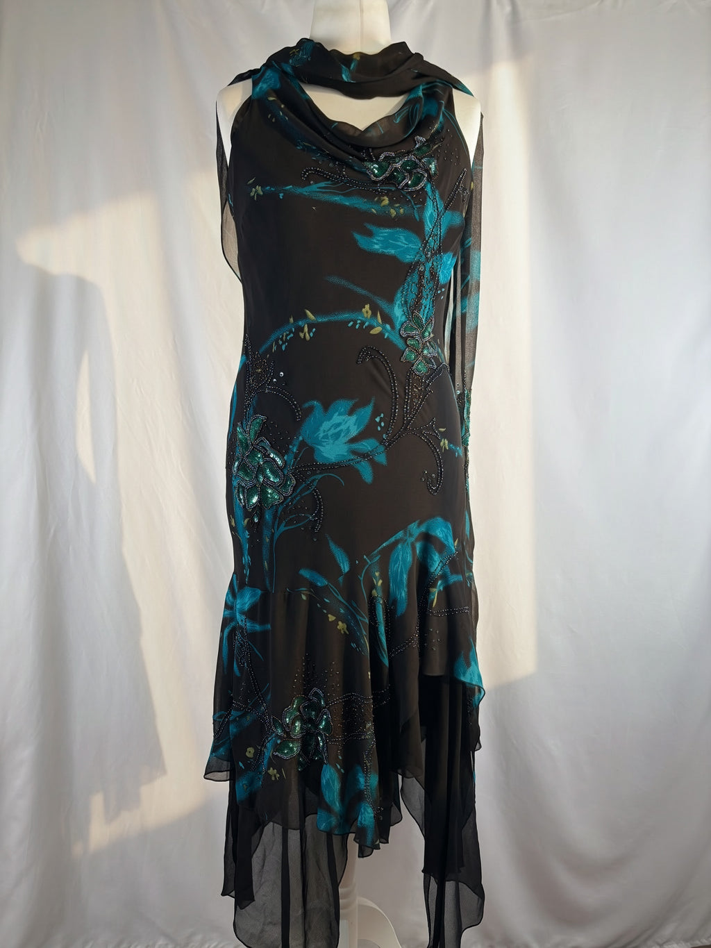 Black and blue floral asymmetric beaded dress with shawl