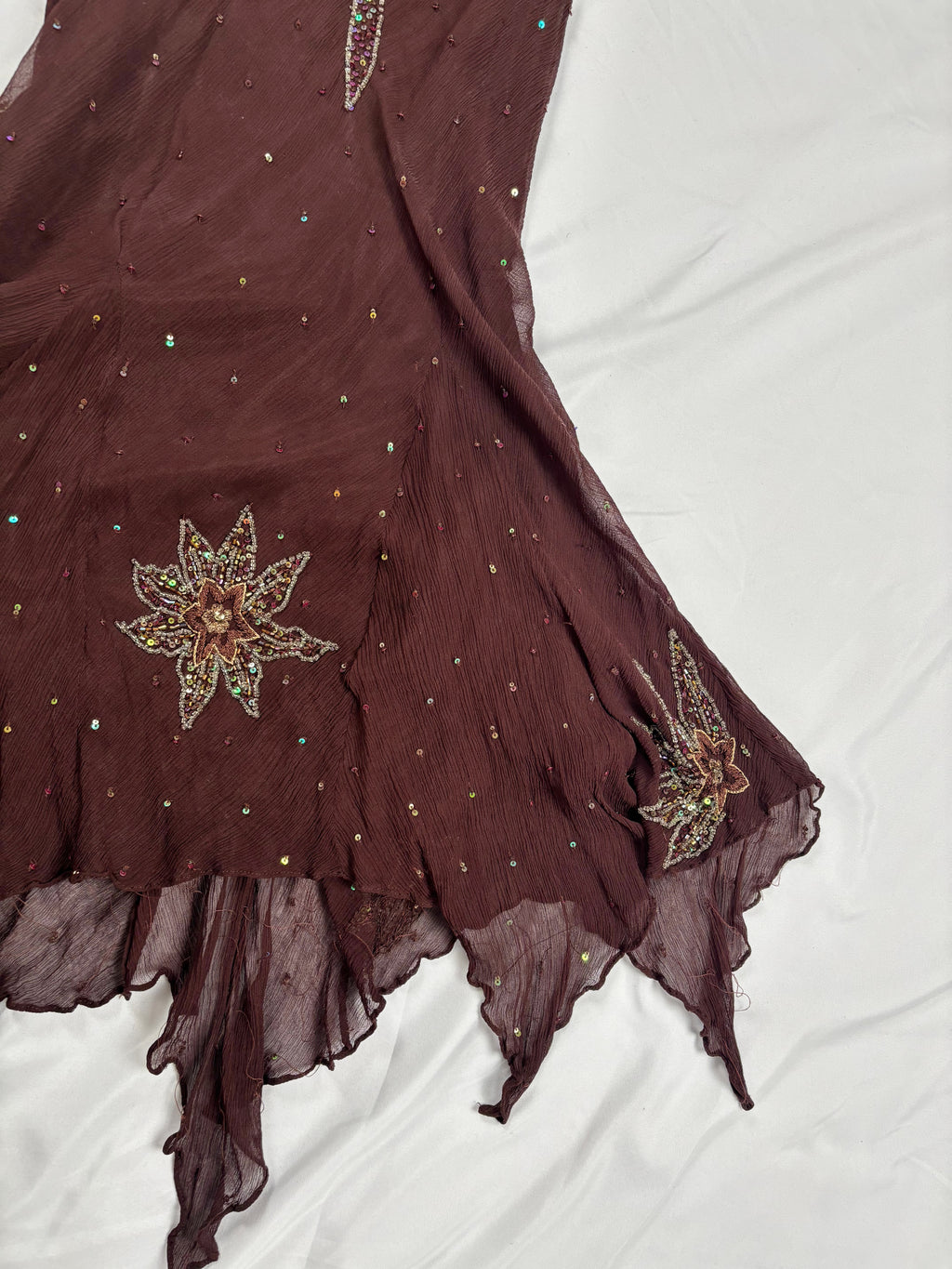 Brown aftershock silk midi dress embellished with sequins