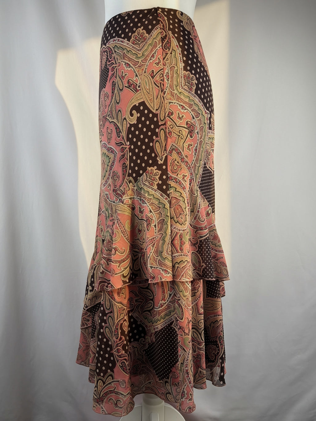 Brown and pink mixed print ruffle maxi skirt