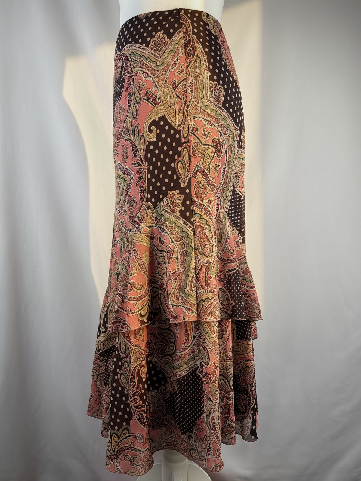 Brown and pink mixed print ruffle maxi skirt