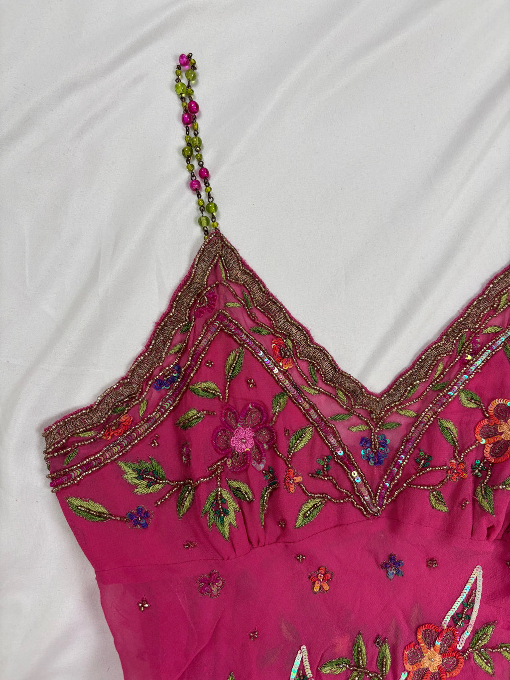 Hot pink sheer embellished aftershock silk cami with beaded straps