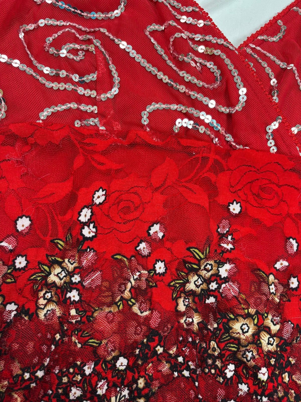Red lace asymmetric fairy mini dress with sequin details