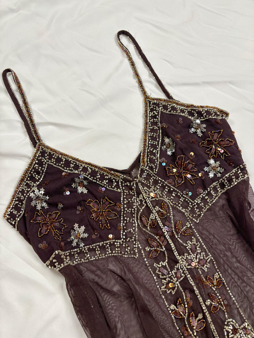 Chocolate brown sheer beaded asymmetric fairy cami