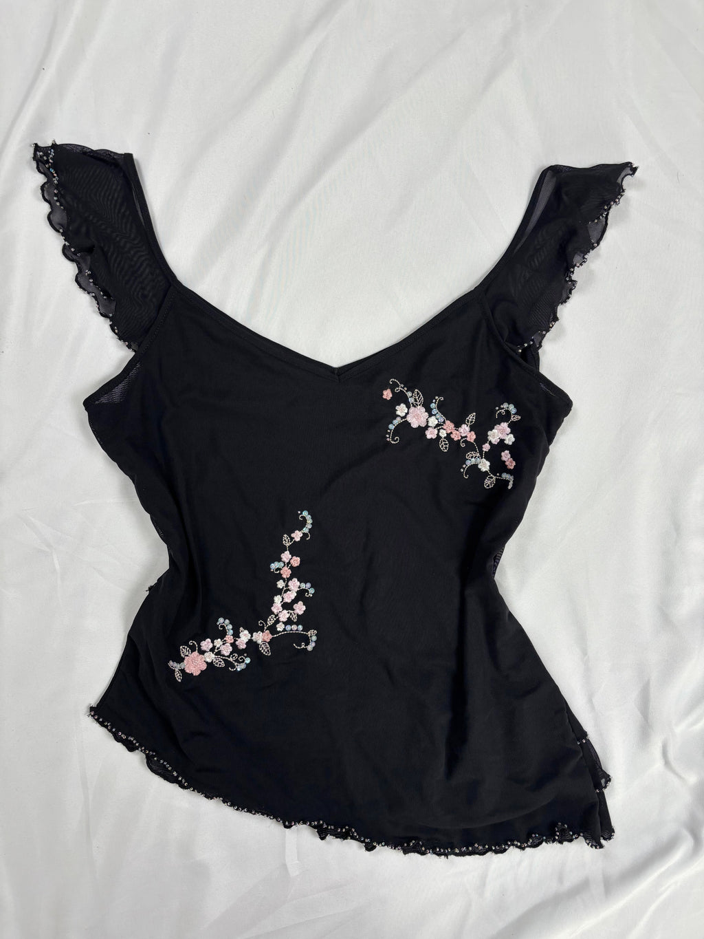 Black milkmaid neckline top with embellished cherry blossom details