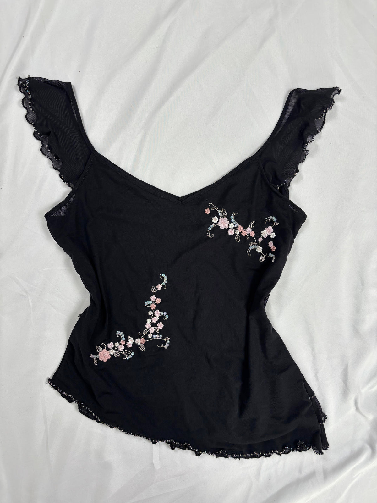 Black milkmaid neckline top with embellished cherry blossom details