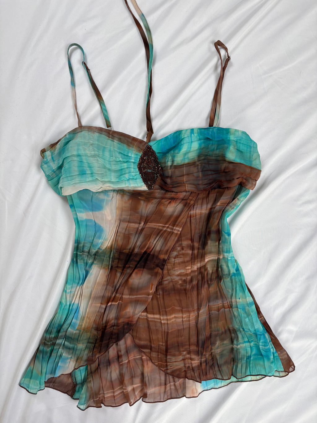 Brown and blue ombré crinkle material cami with beaded detail