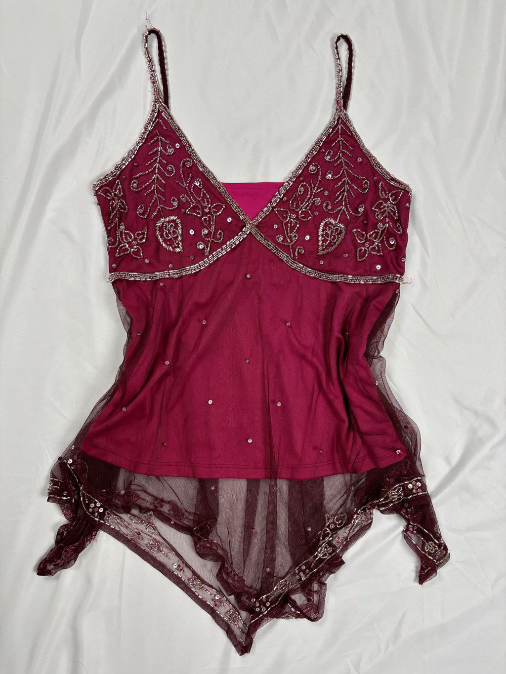 Purple beaded mesh asymmetric fairy cami