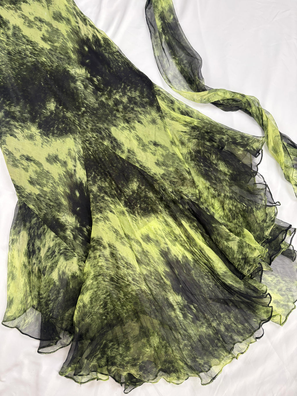 Black and green silk asymmetric beaded halterneck dress with shawl