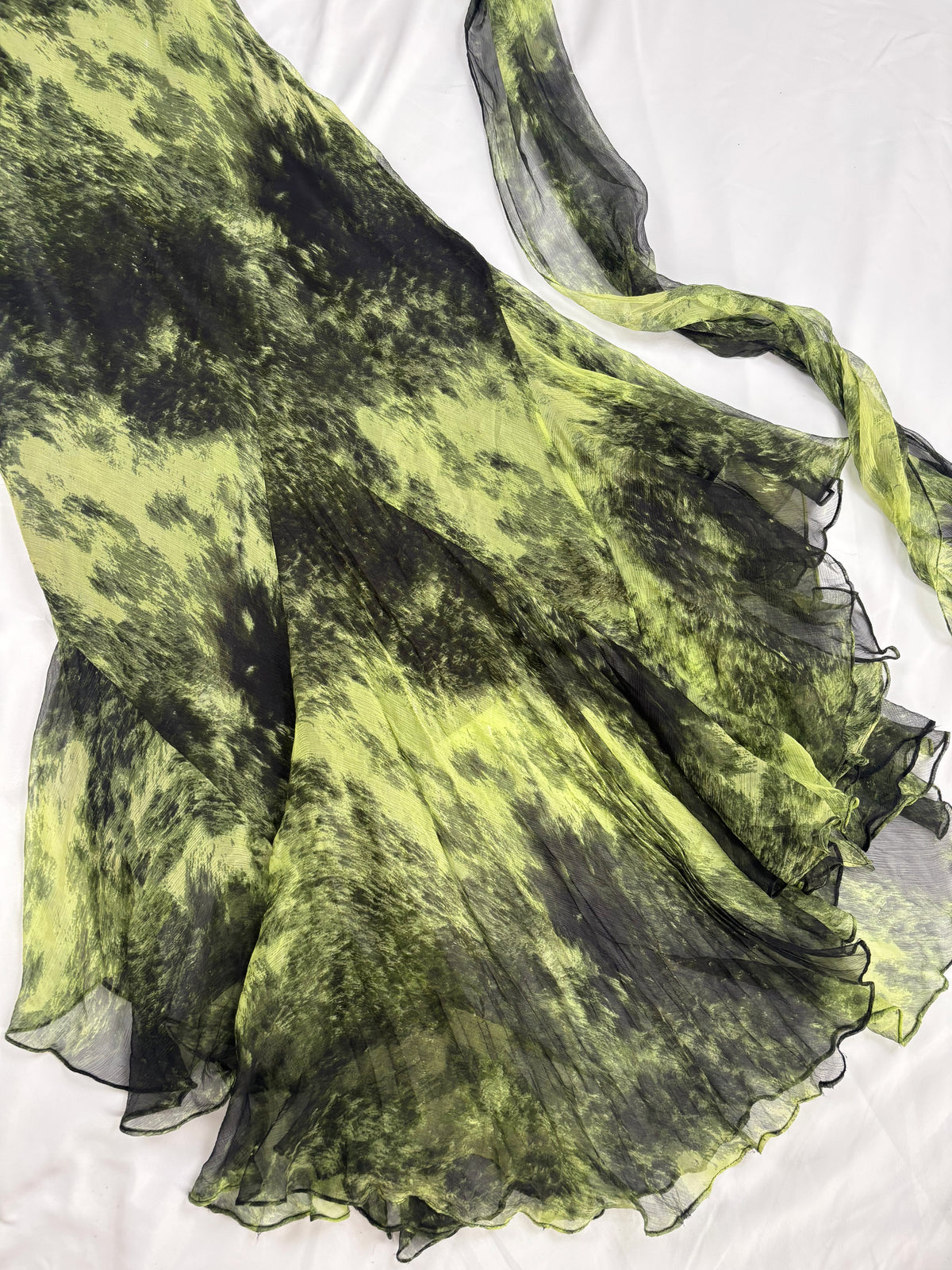 Black and green silk asymmetric beaded halterneck dress with shawl
