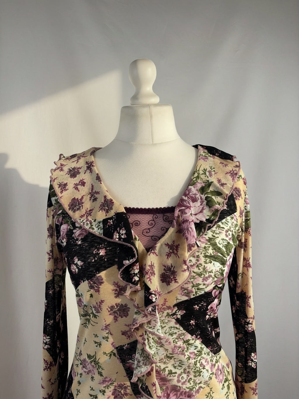 Floral patchwork long sleeve top with bow cuff detail
