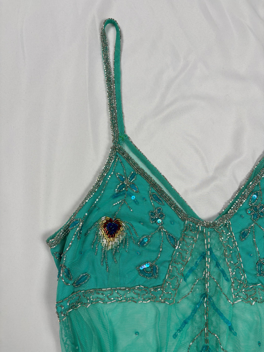 Bright blue sheer beaded peacock detailed fairy cami