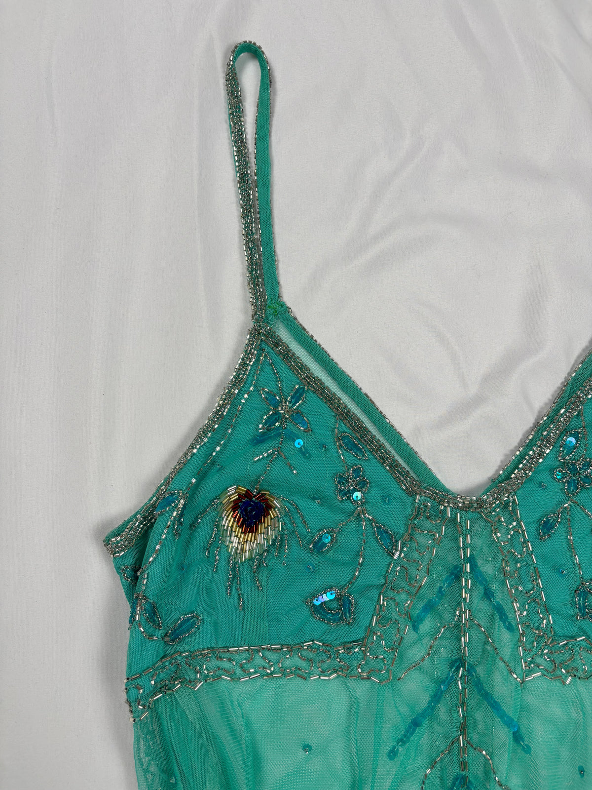 Bright blue sheer beaded peacock detailed fairy cami
