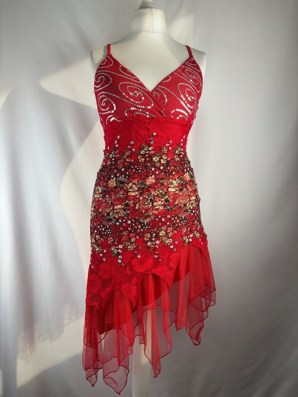 Red lace asymmetric fairy mini dress with sequin details