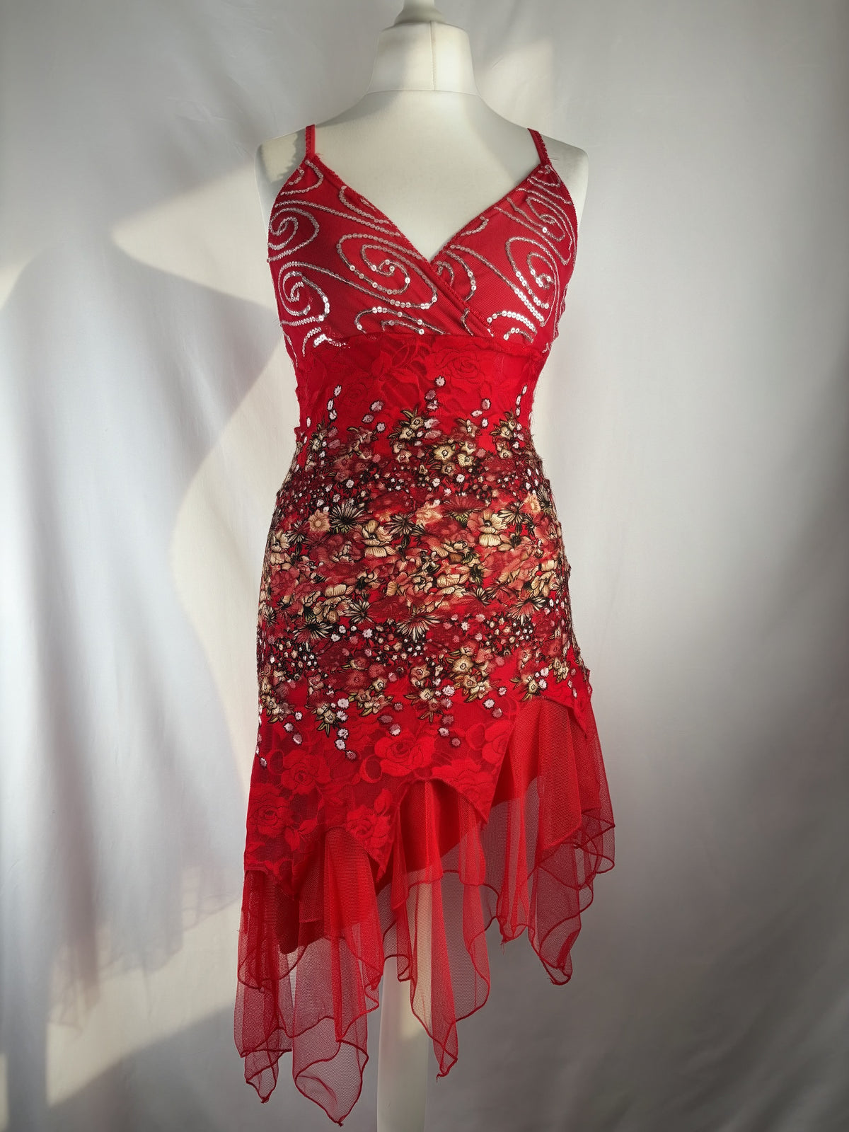 Red lace asymmetric fairy mini dress with sequin details