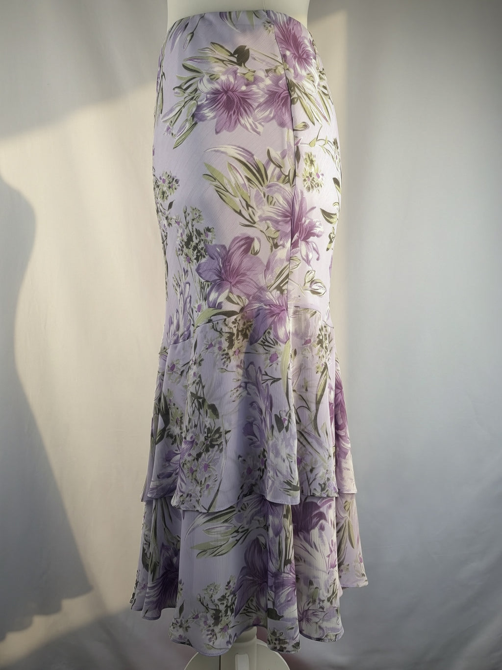 Lilac and green floral print ruffle skirt
