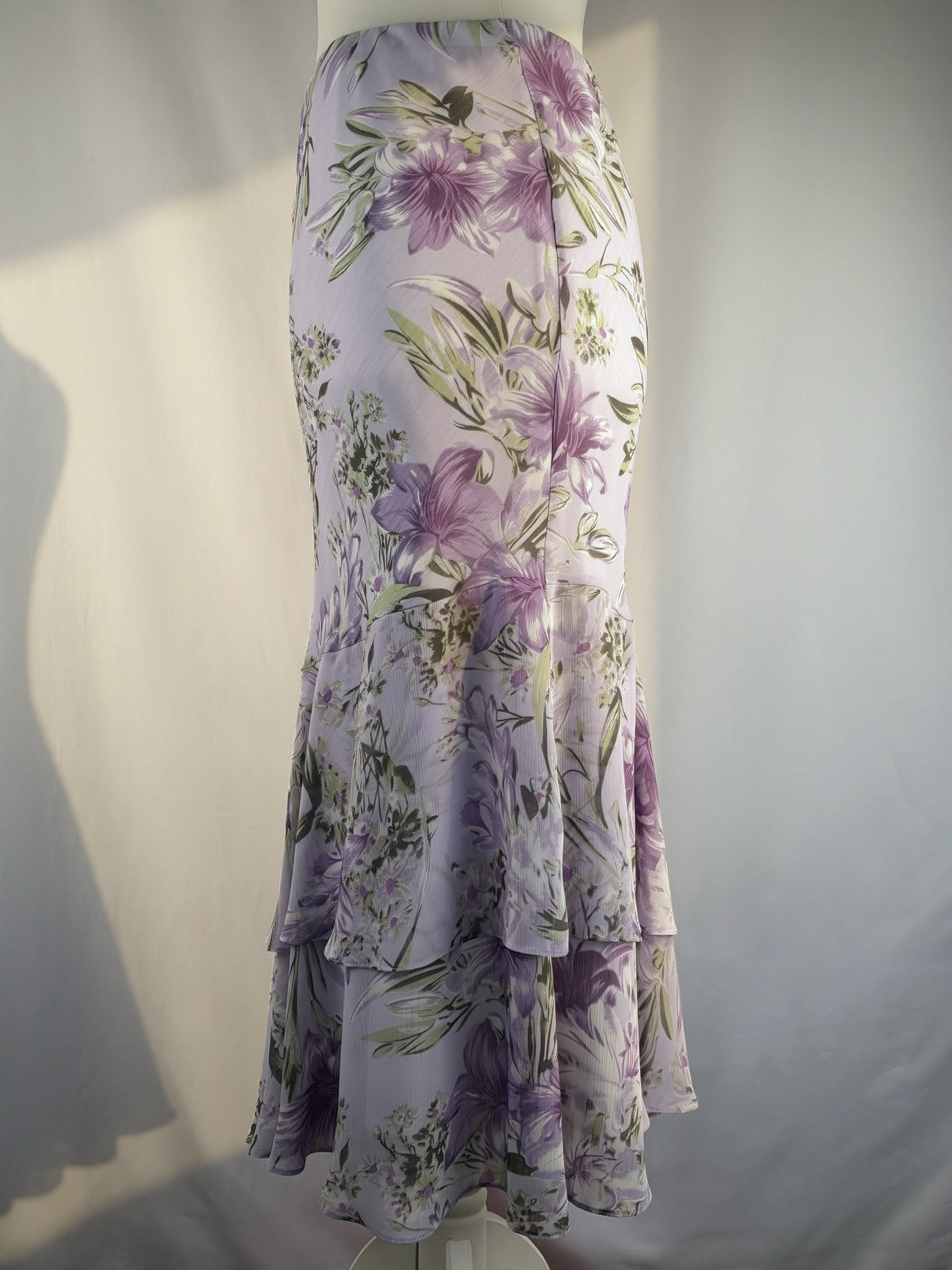 Lilac and green floral print ruffle skirt