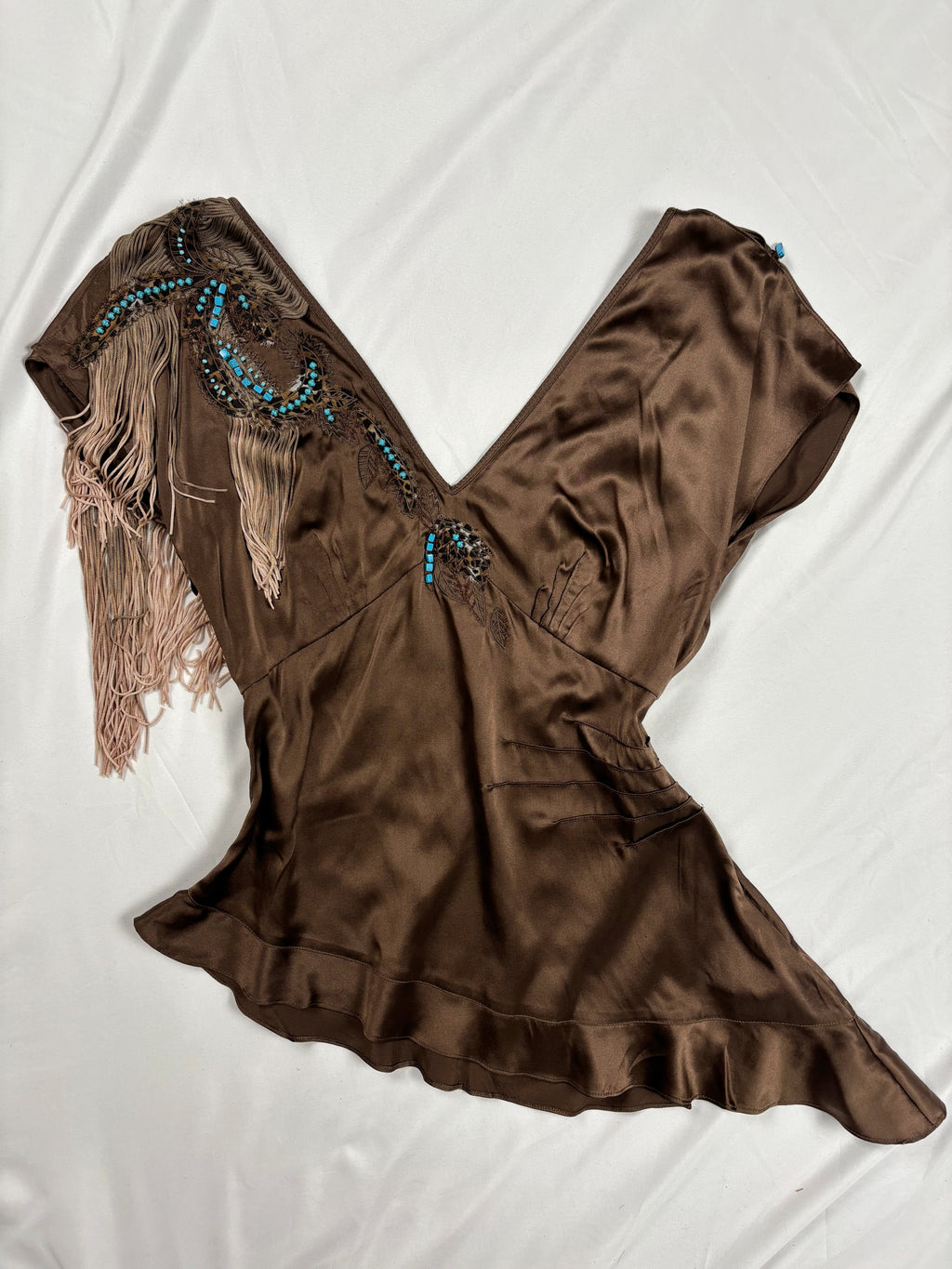 Brown silk western style asymmetric top with tassel details