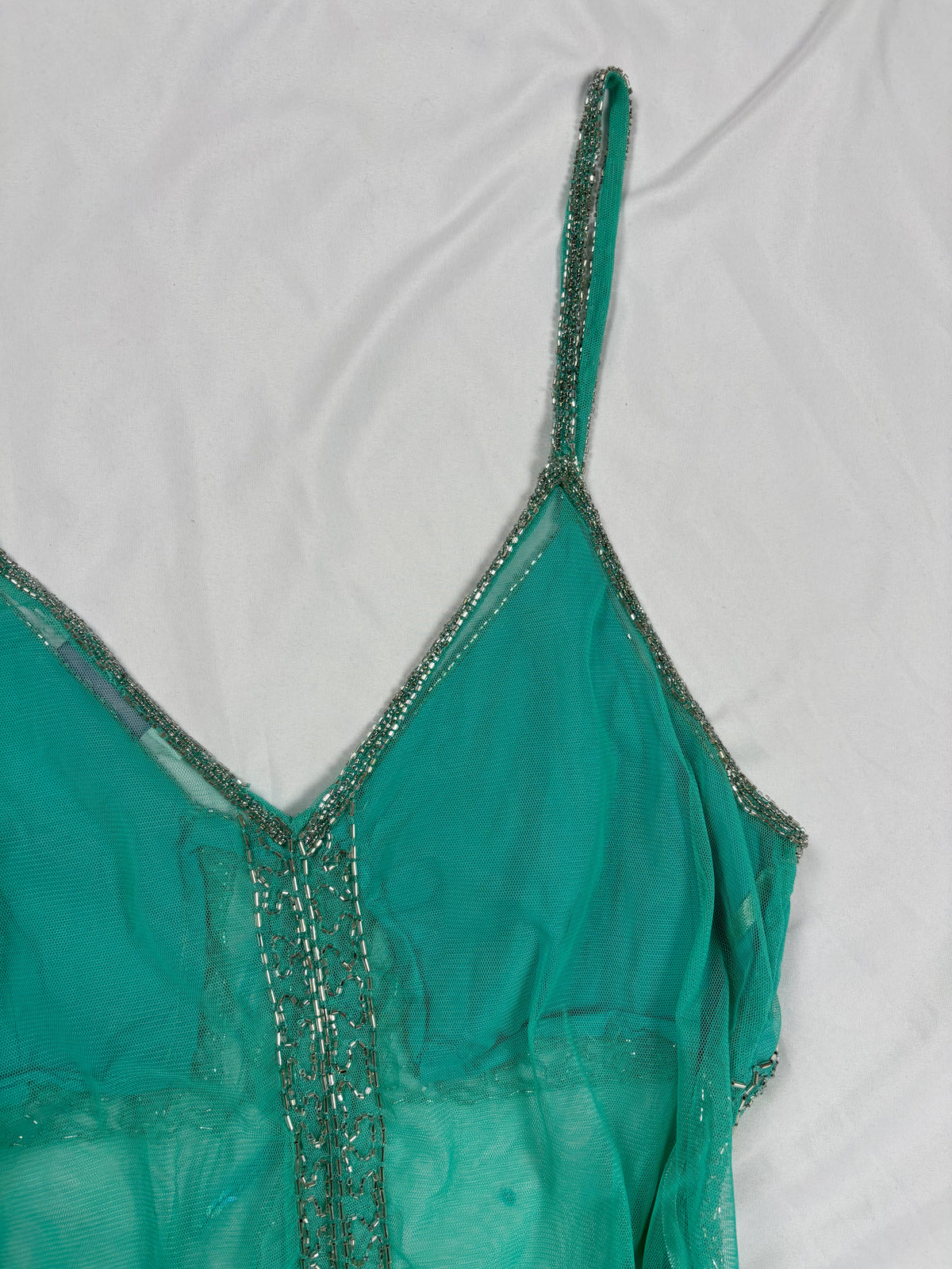 Bright blue sheer beaded peacock detailed fairy cami
