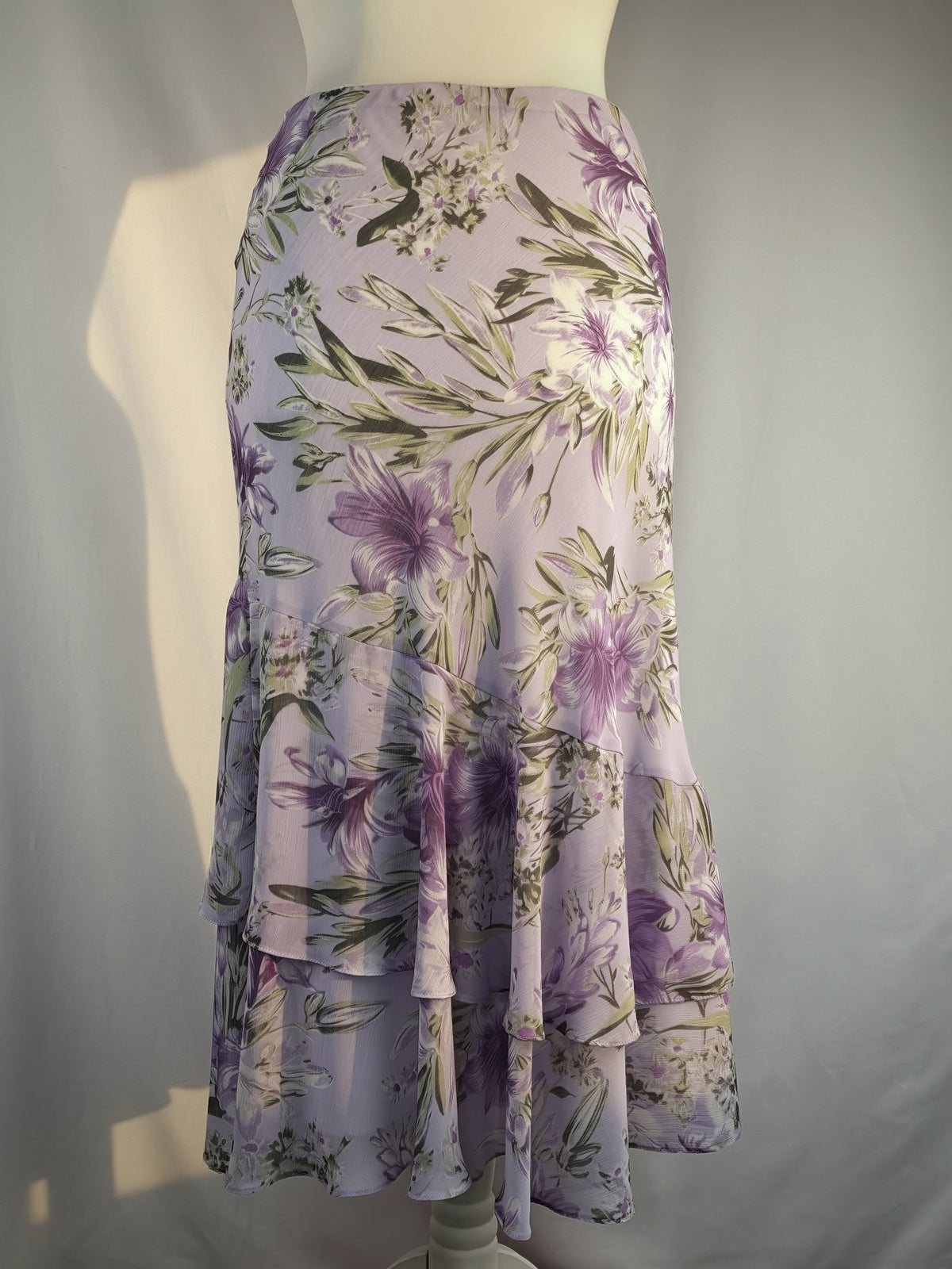Lilac and green floral print ruffle skirt