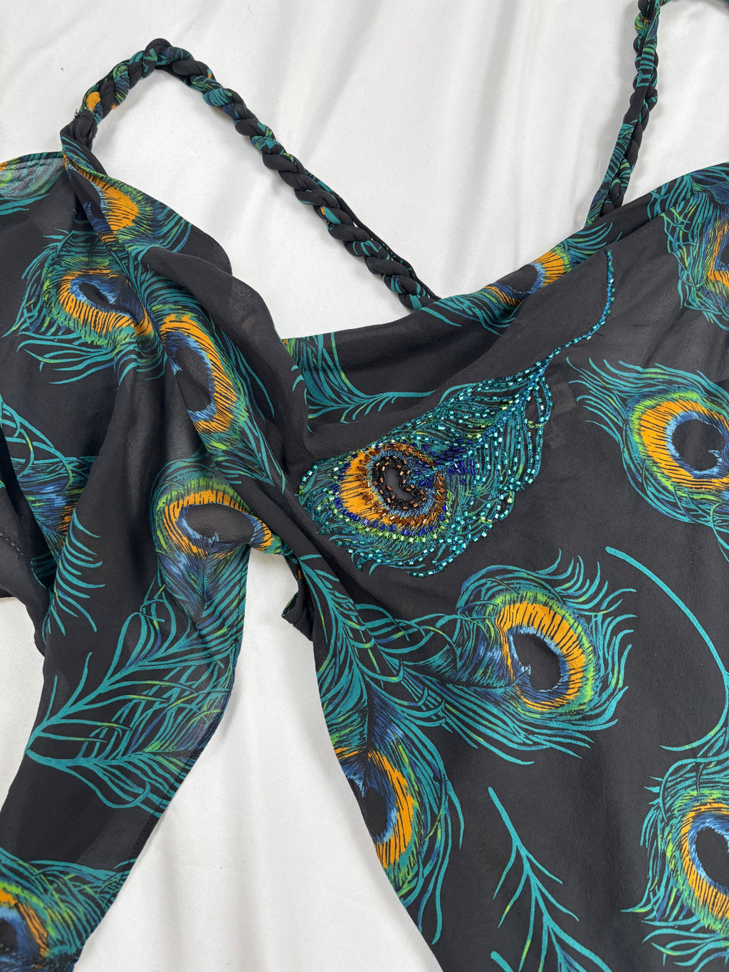 Black sheer silk peacock detailed cross back top with embellishments