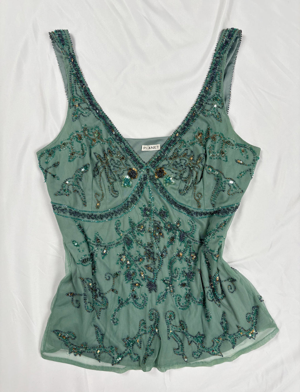 Green heavily beaded v neck fairy top