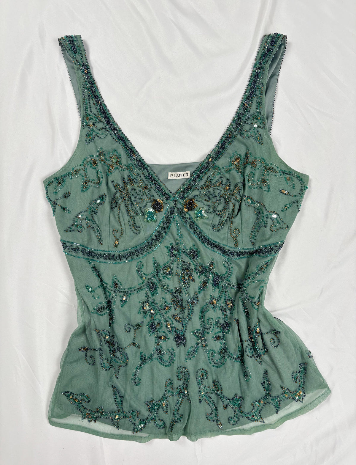 Green heavily beaded v neck fairy top