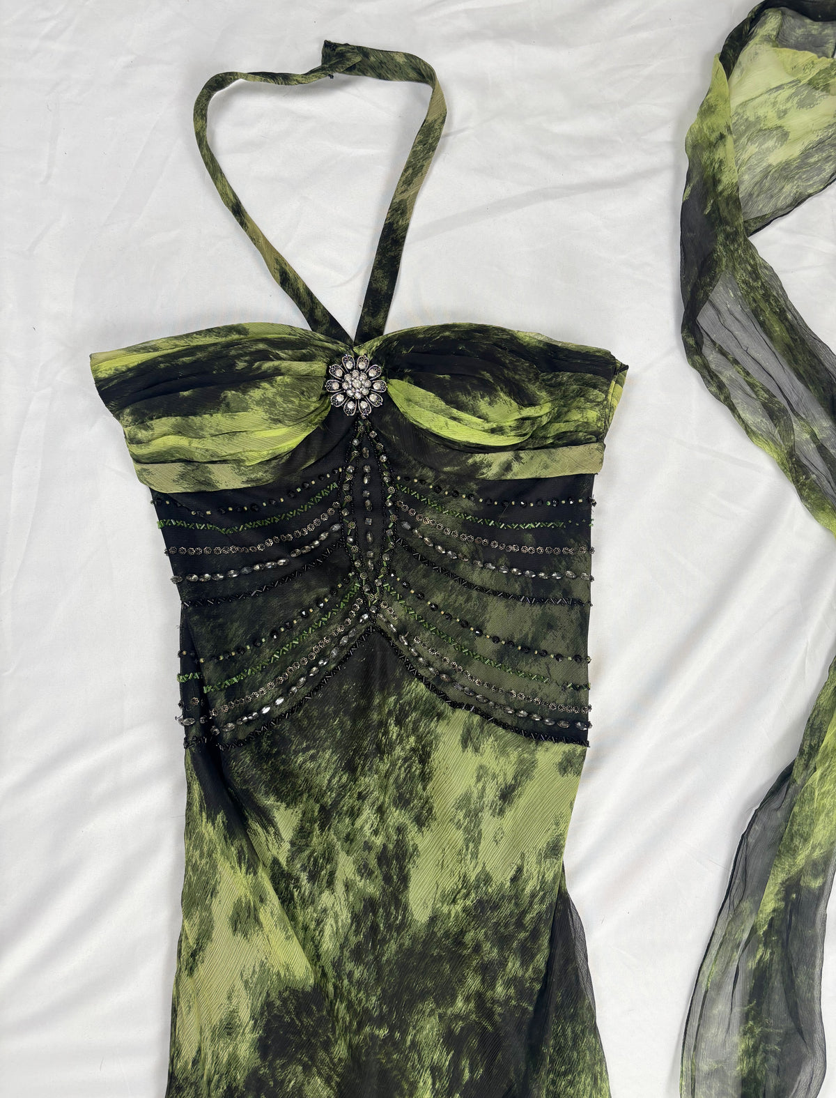Black and green silk asymmetric beaded halterneck dress with shawl