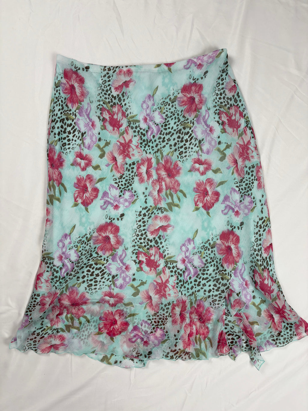 Light blue floral/ animal print skirt with ruffle detail