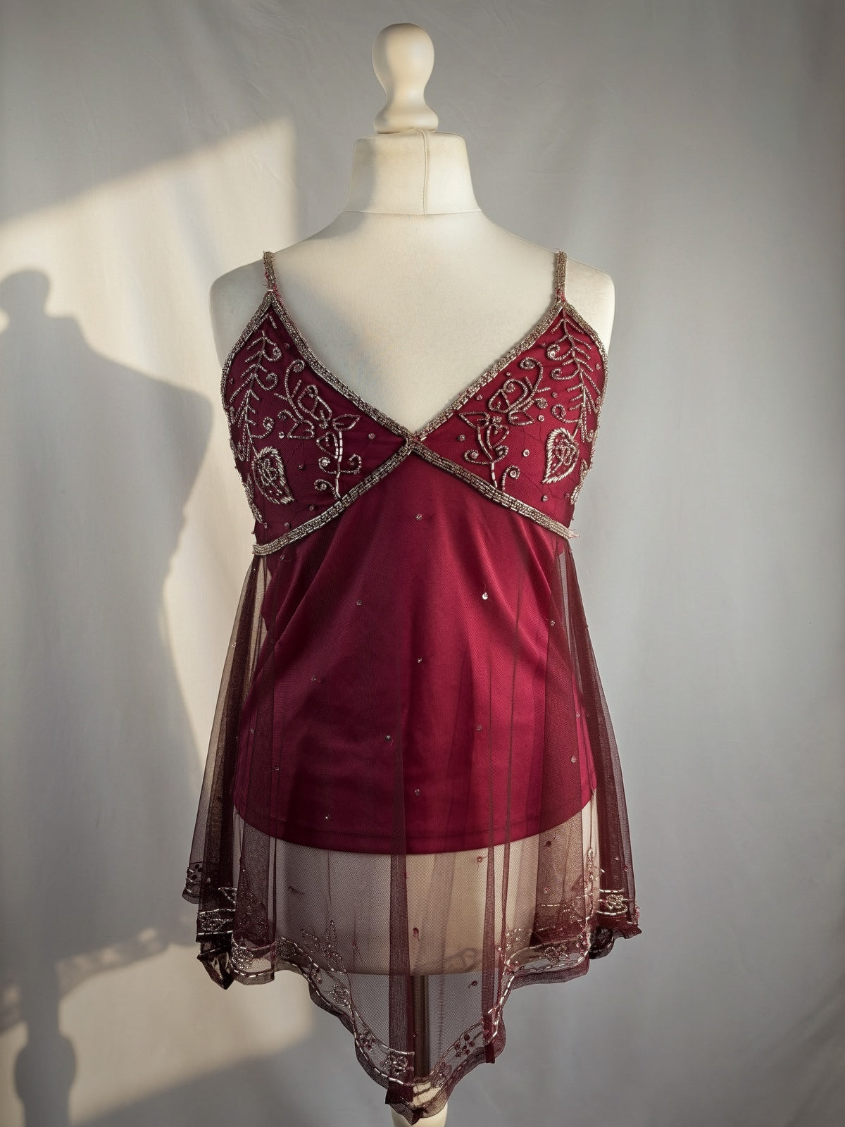 Purple beaded mesh asymmetric fairy cami