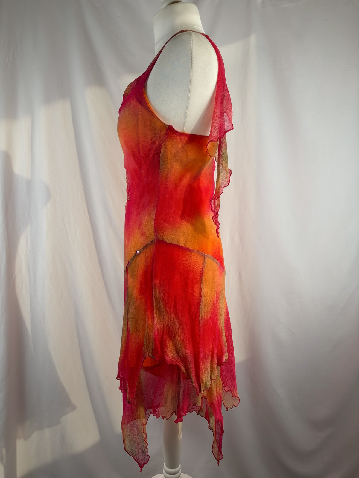 Autumnal ombré asymmetric mini dress with mirrored gem embellishments