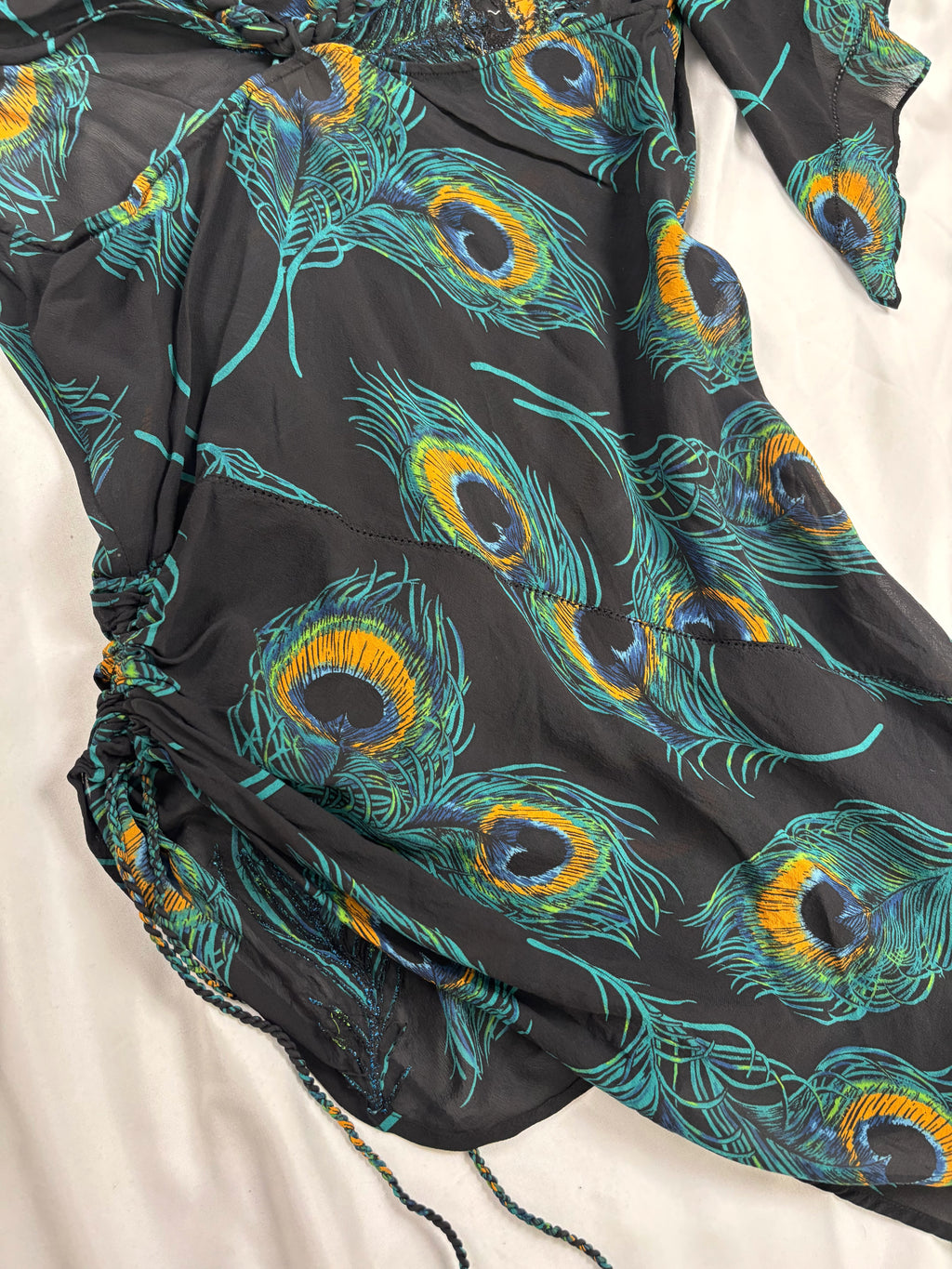 Black sheer silk peacock detailed cross back top with embellishments