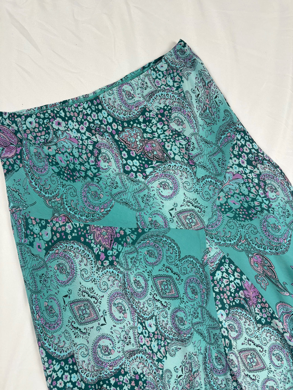 Blue and purple Paisley print midi skirt with asymmetric hem