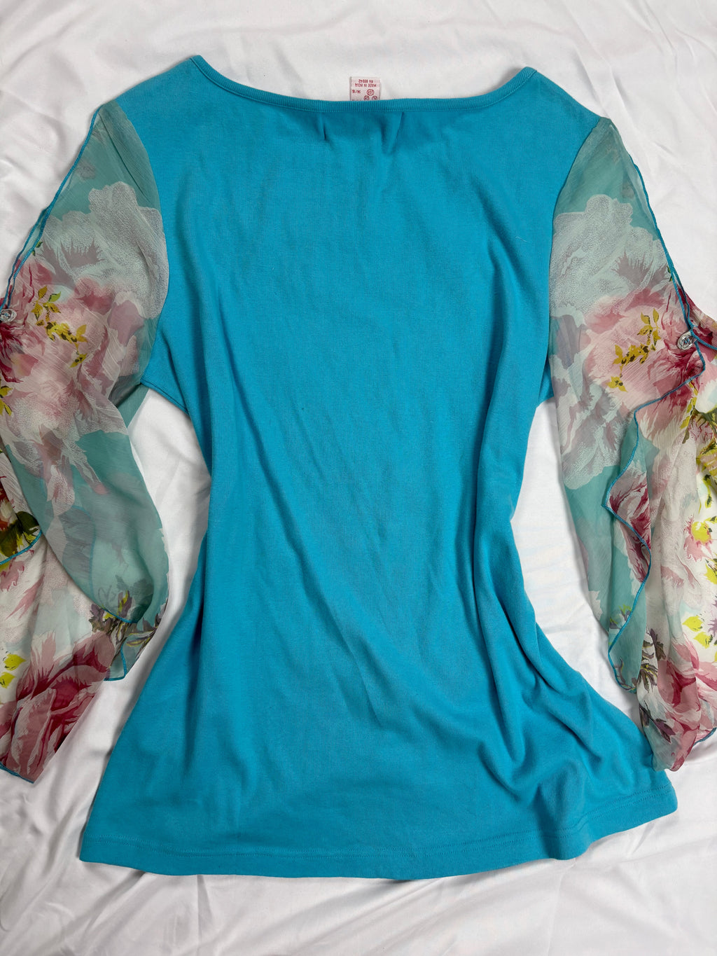 Blue floral Derhy detailed mesh flare/ long sleeve top with sequins