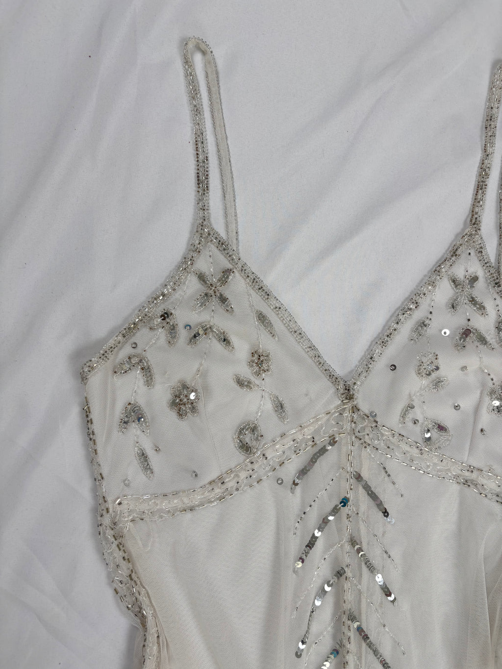 White beaded sheer asymmetrical fairy cami