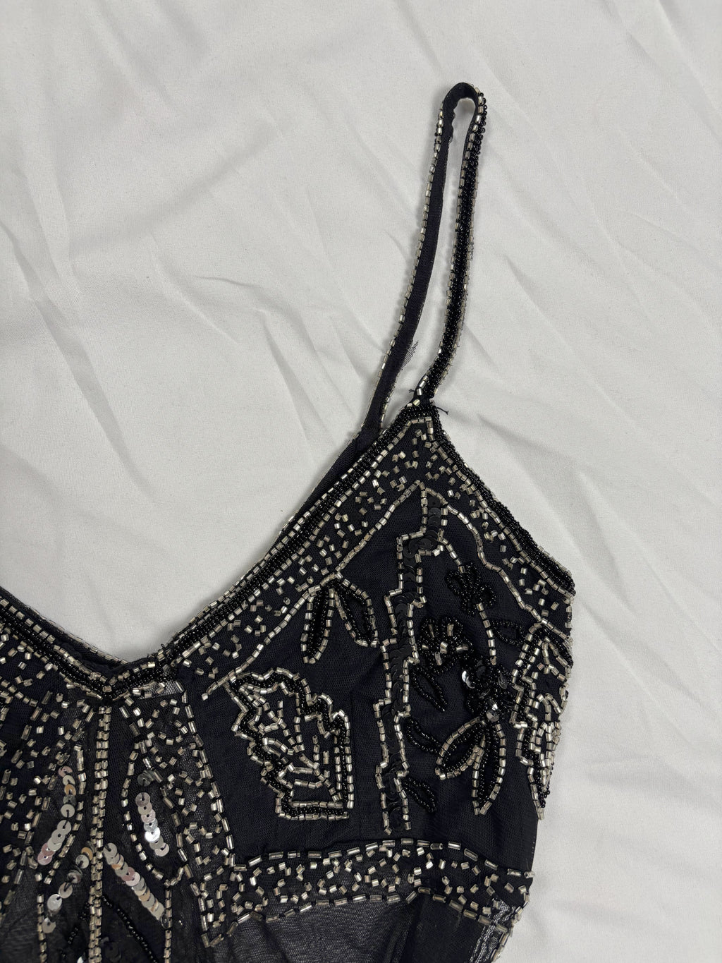 Sheer black beaded asymmetrical fairy cami