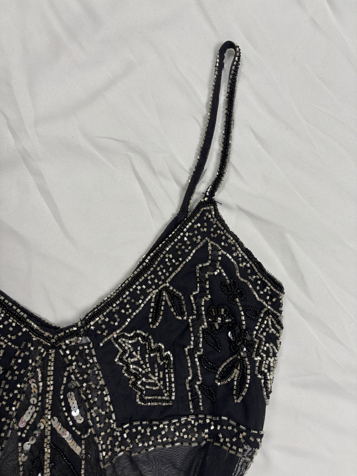 Sheer black beaded asymmetrical fairy cami