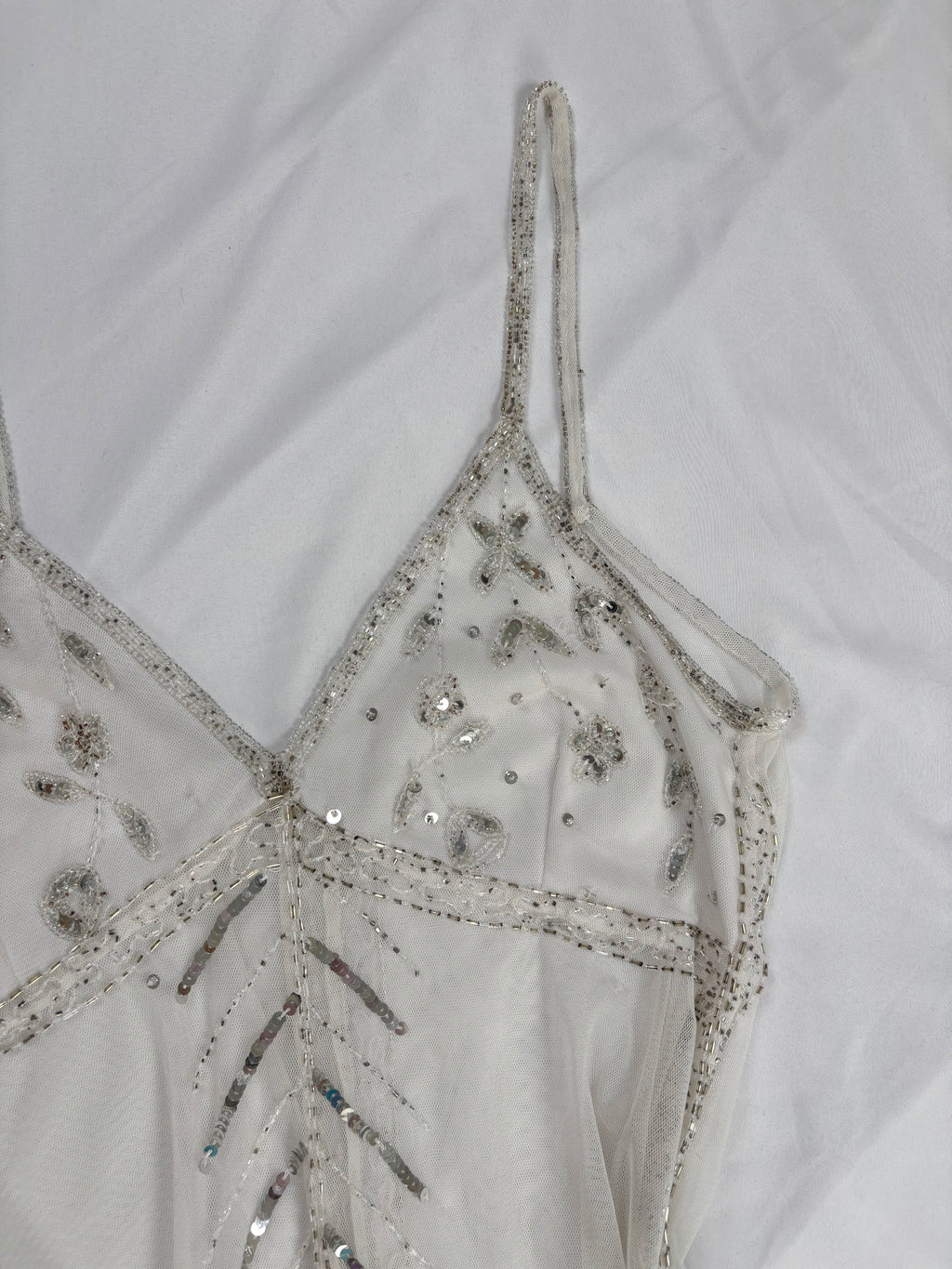 White beaded sheer asymmetrical fairy cami