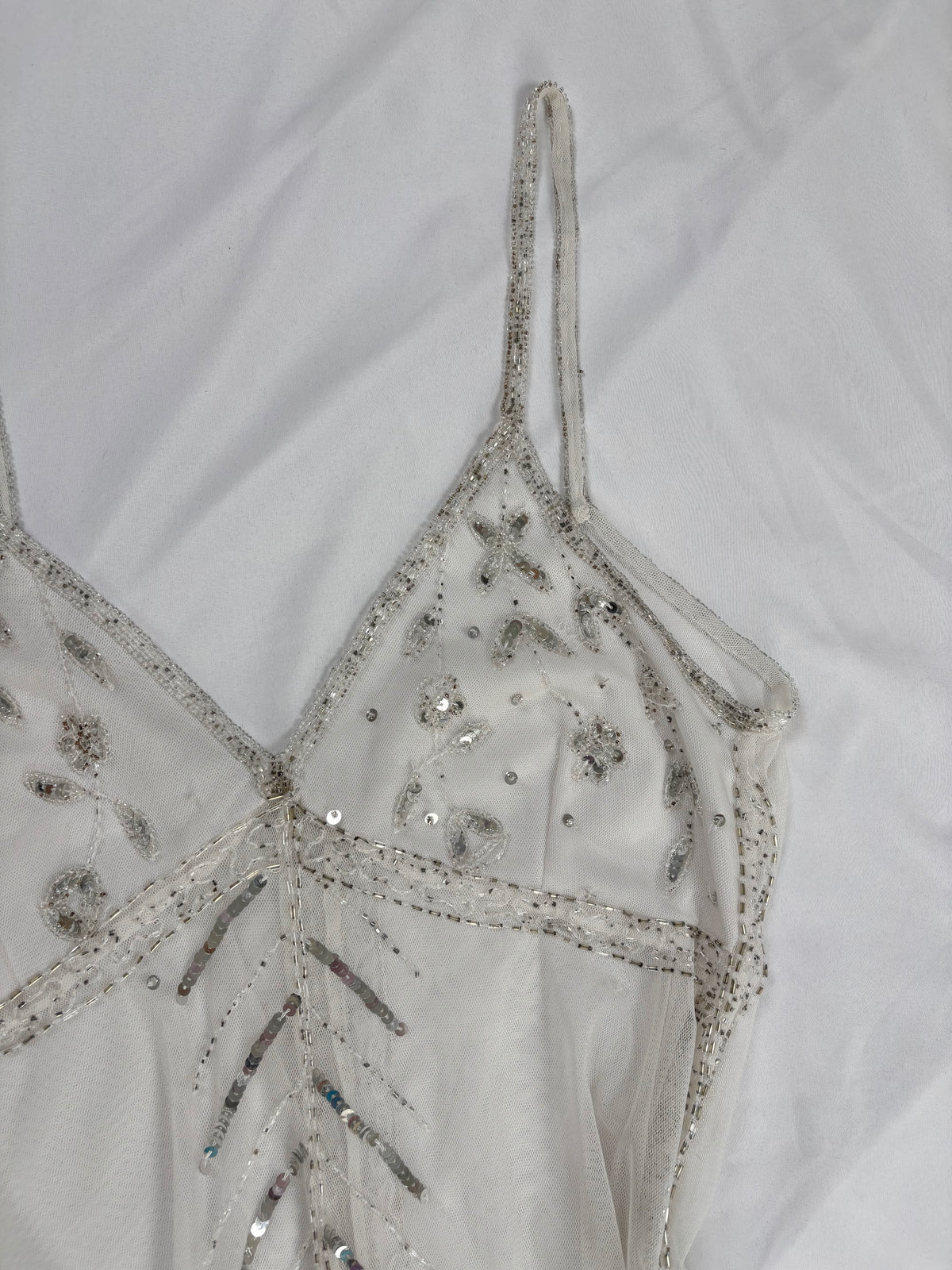White beaded sheer asymmetrical fairy cami