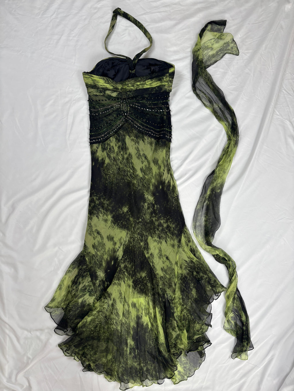 Black and green silk asymmetric beaded halterneck dress with shawl