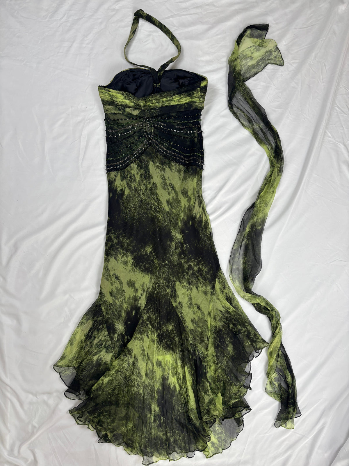 Black and green silk asymmetric beaded halterneck dress with shawl