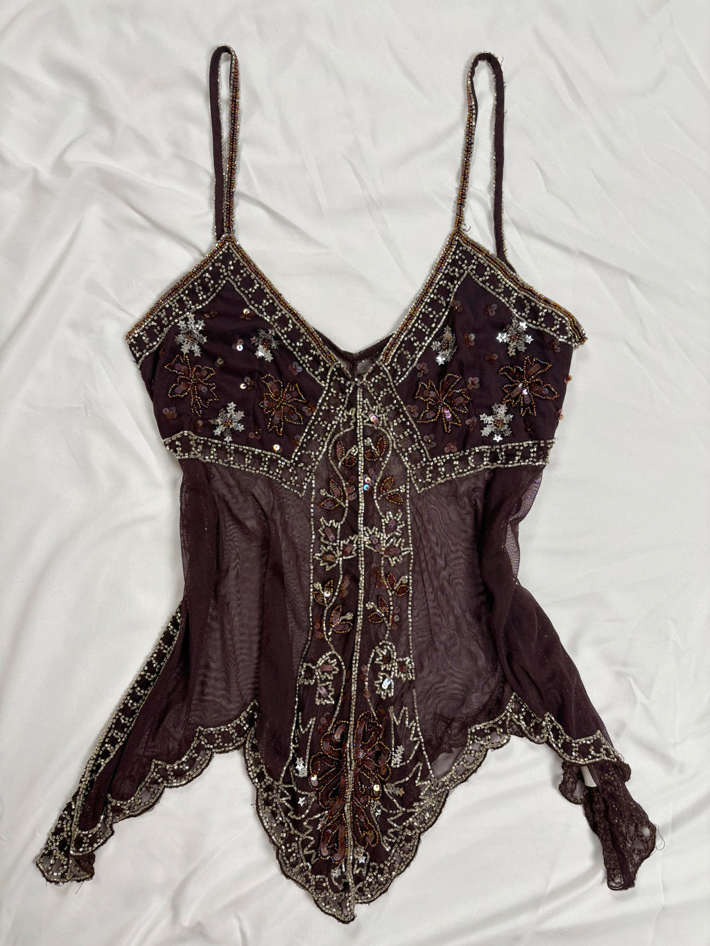 Chocolate brown sheer beaded asymmetric fairy cami