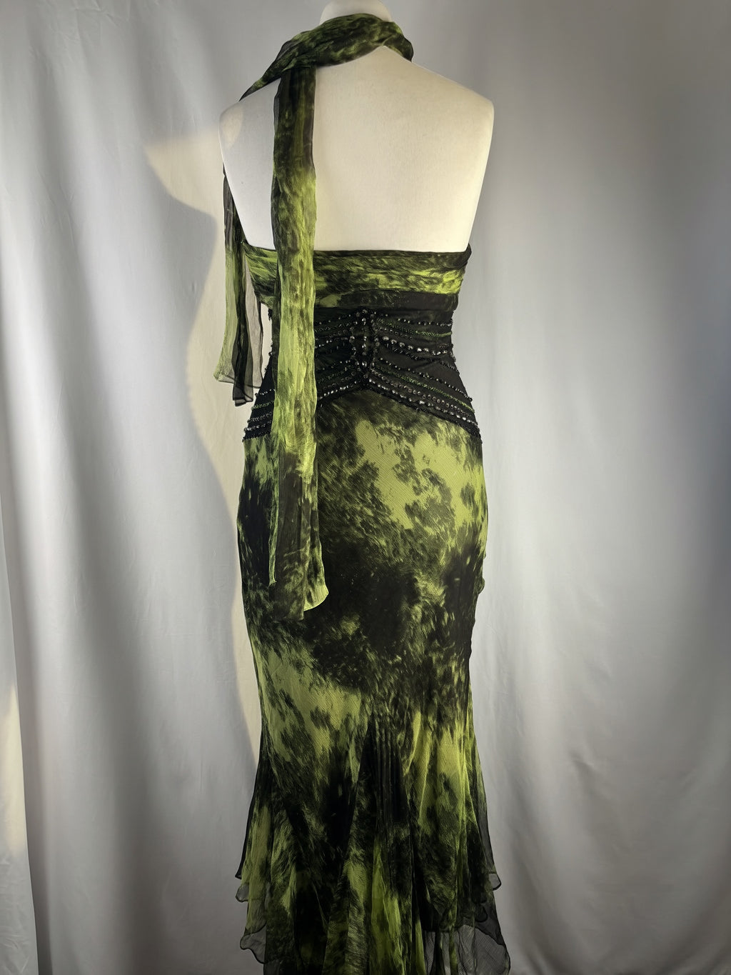 Black and green silk asymmetric beaded halterneck dress with shawl