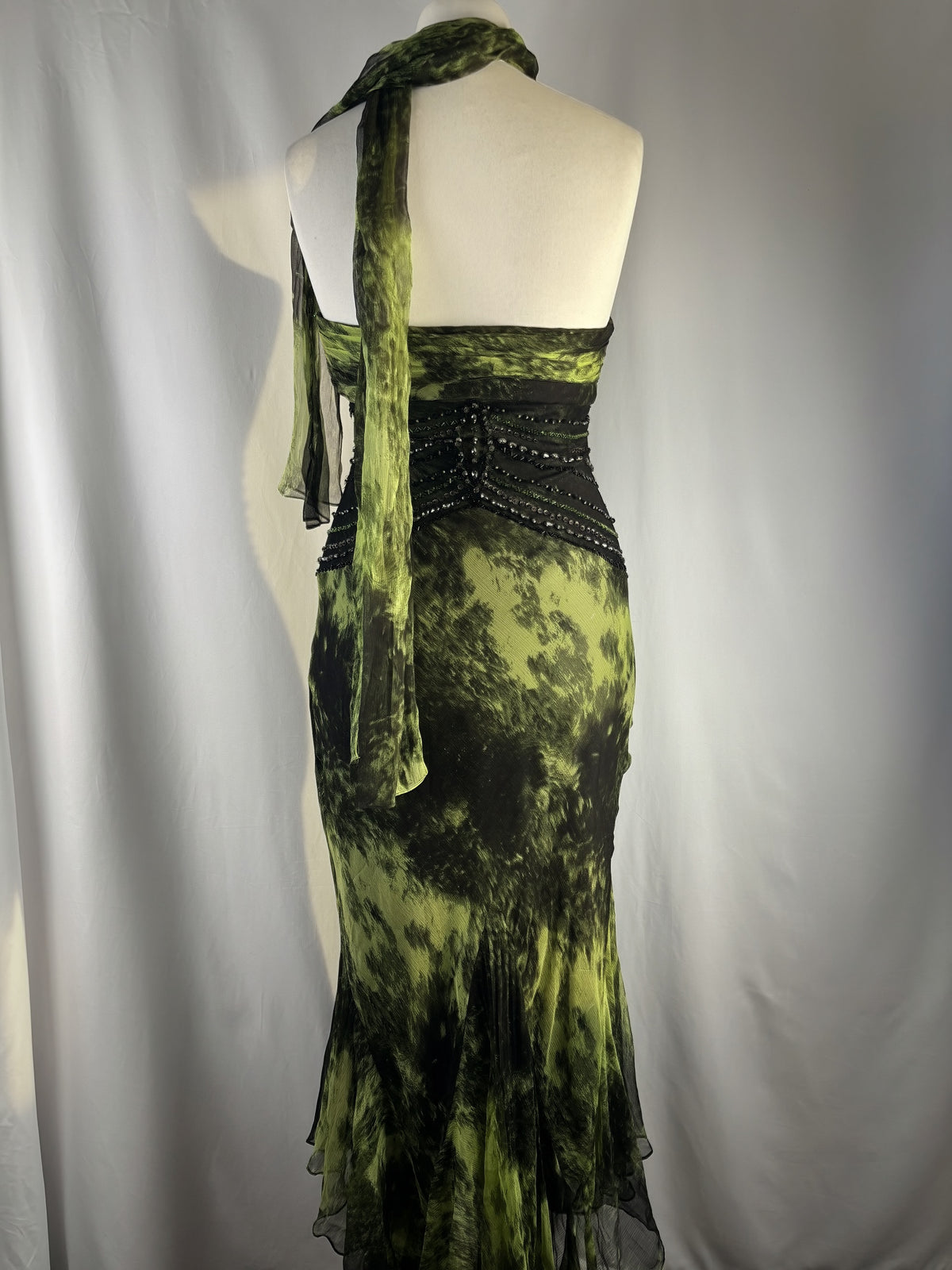 Black and green silk asymmetric beaded halterneck dress with shawl