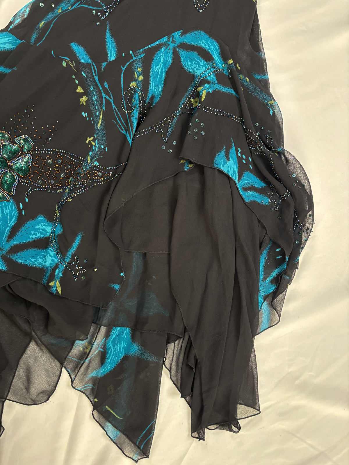 Black and blue floral asymmetric beaded dress with shawl