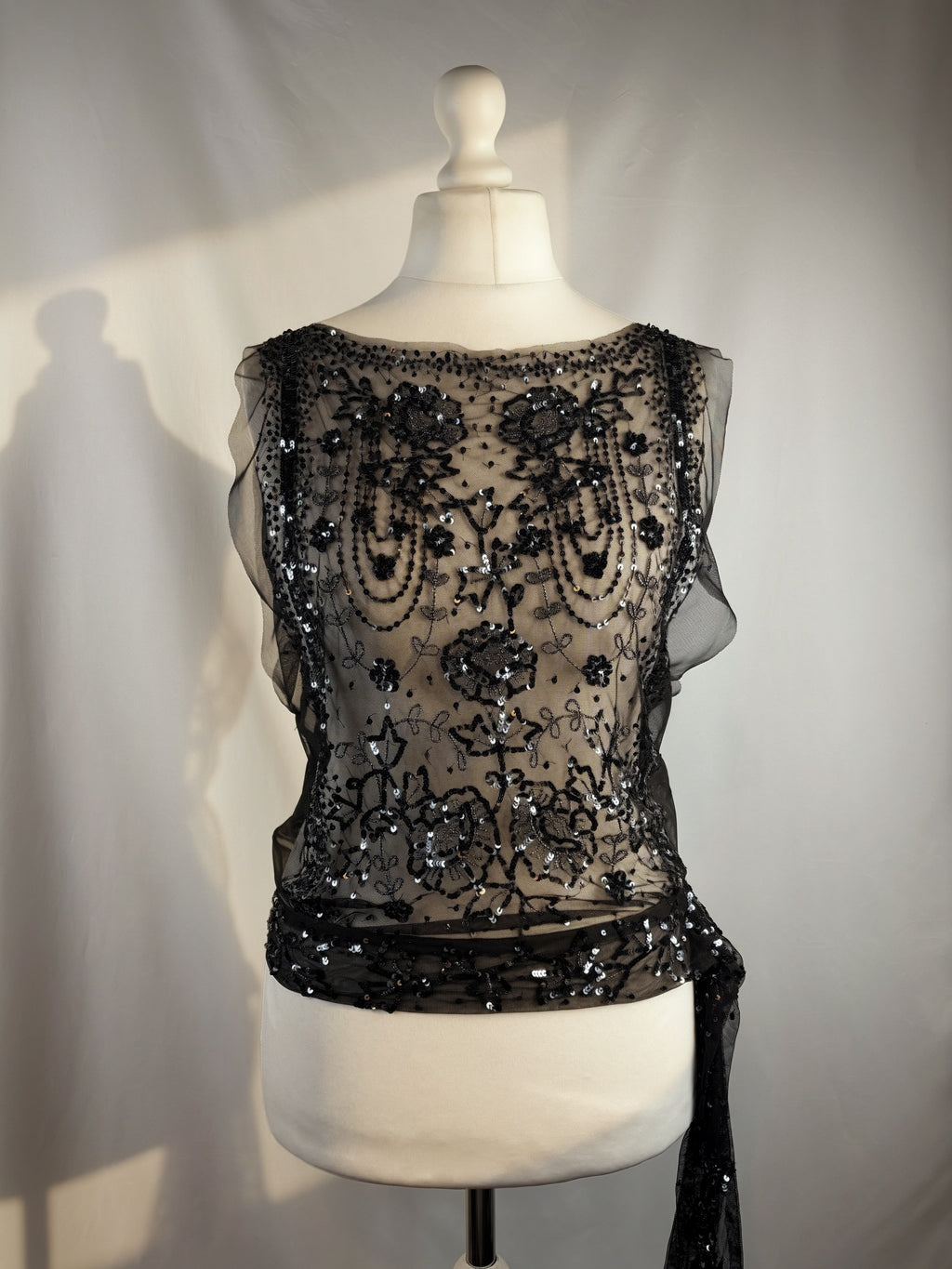 Black sheer silk side tie top embellished with sequins