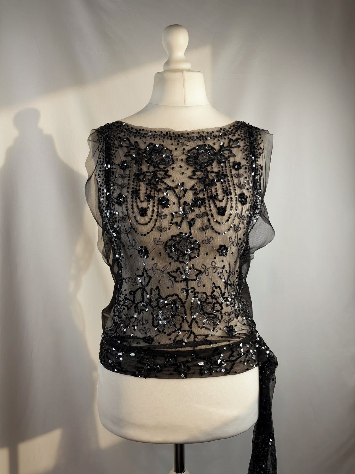 Black sheer silk side tie top embellished with sequins